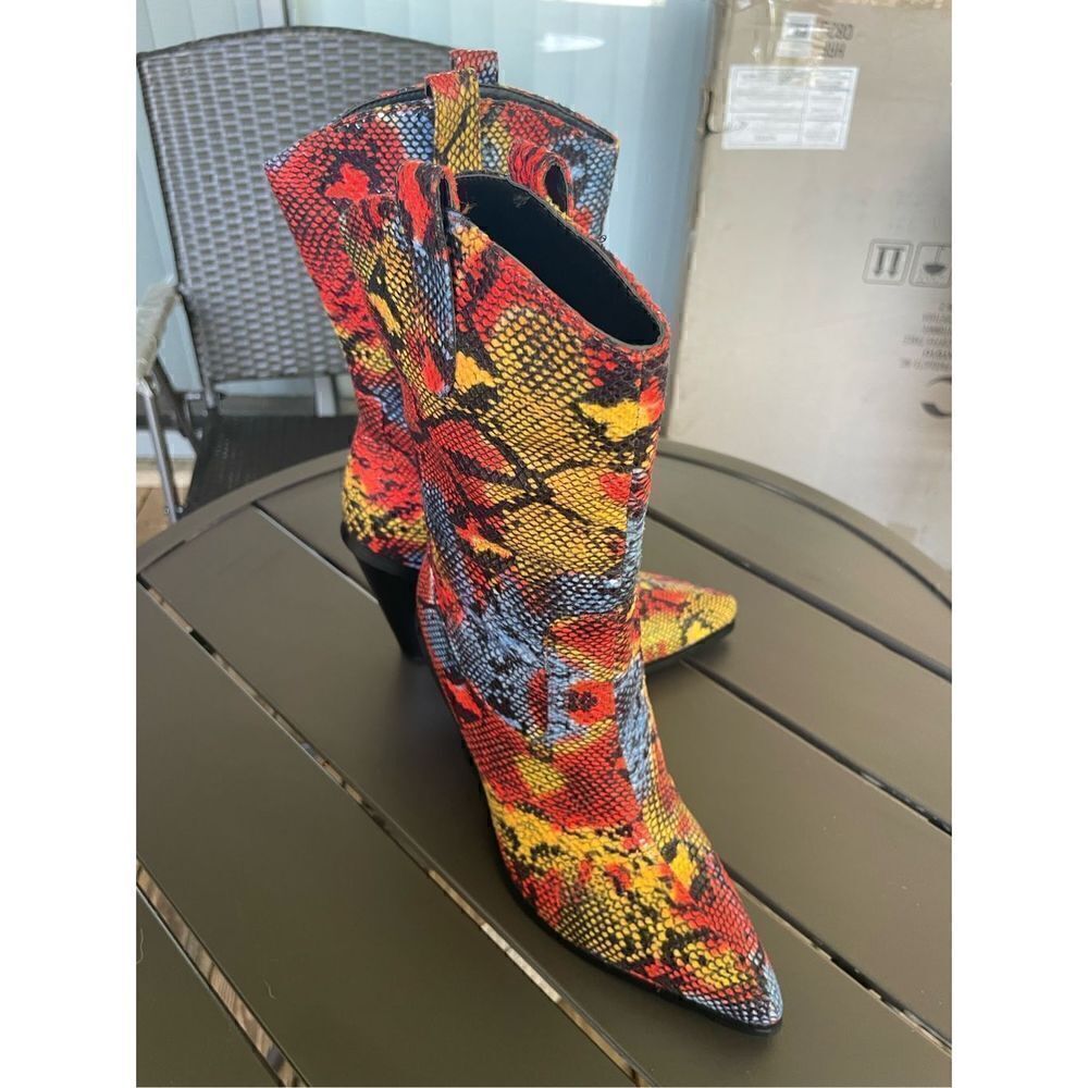 Azalea Wang Midcalf Multicolor Snakeskin Print Western Boots Red/Yellow Size 6 - Picture 13 of 14